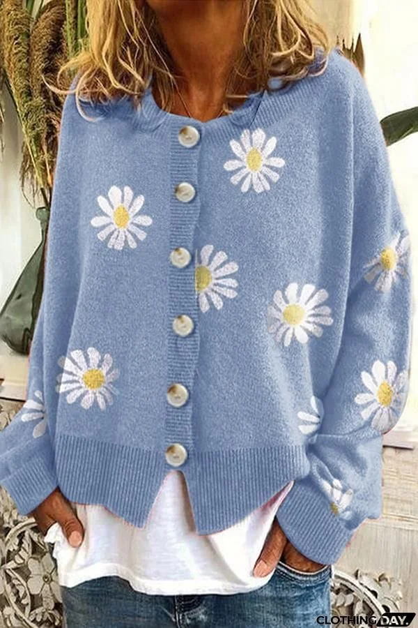 Round Neck Floral Embroidery Knitted Sweater Cardigan