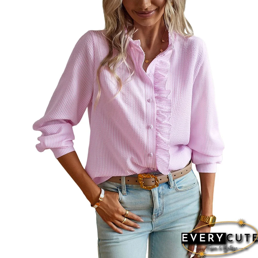 Pink Ruffle Detail Button Long Sleeve Shirt