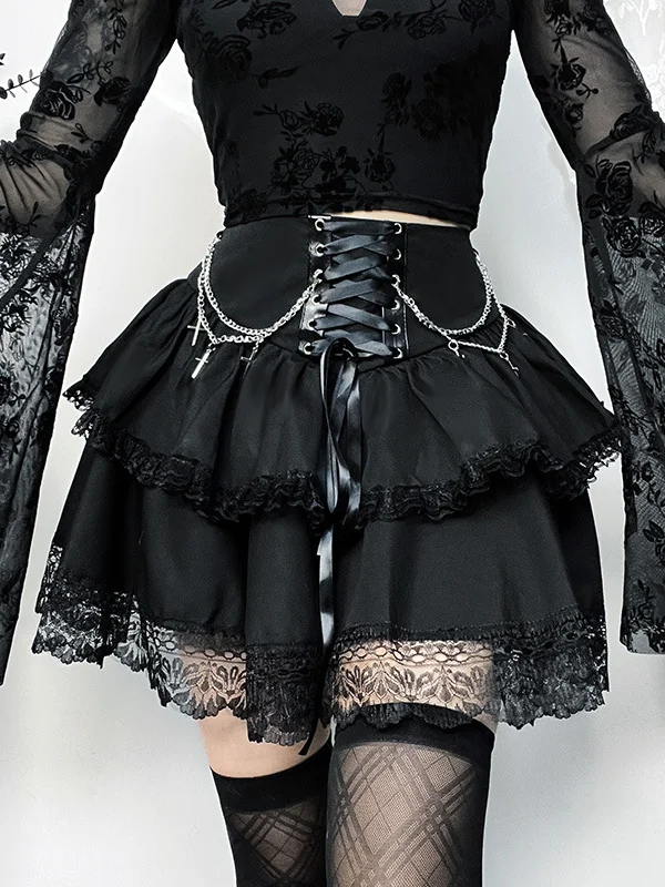 Gothic Dark Lace Hem Cross Chained Tiered Skirt