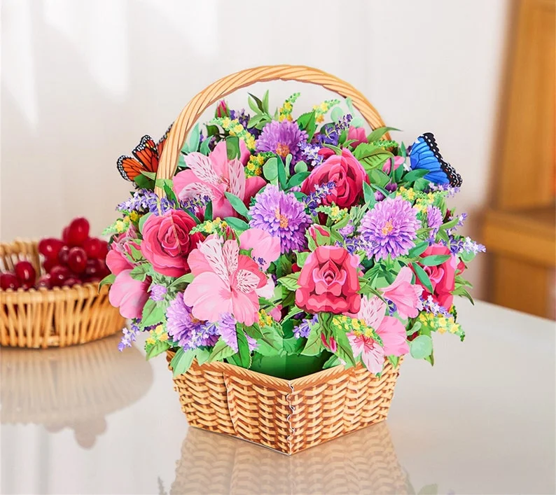 Carnation Daisy Mixed Basket Flower Bouquet,Anniversary Card,3D Pop Up Card Home Decor for Mothers Day,Wedding Gifts,Birthday Card