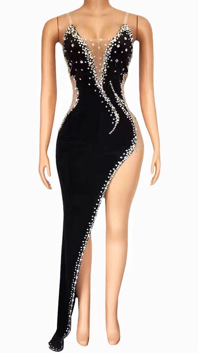 VCSHOES Silver Rhinestone Black Velvet Evening Dress Women Dancer Show Prom Dress Birthday Celebrate Performance Costume