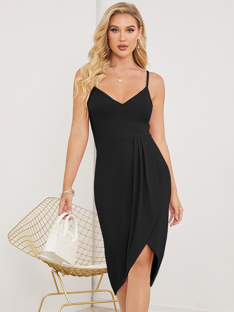 Solid Backles Irregular Pleated Adjustable Strap Sexy Dress