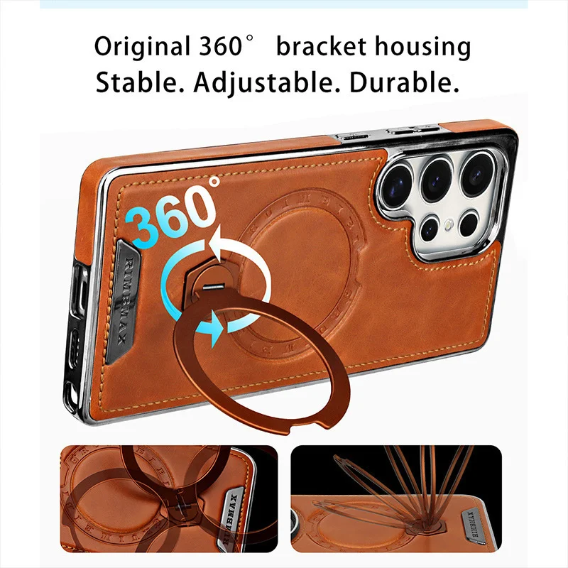 Samsung S25Ultra mobile phone case 360 ​​degree rotating magnetic bracket high-end leather grain