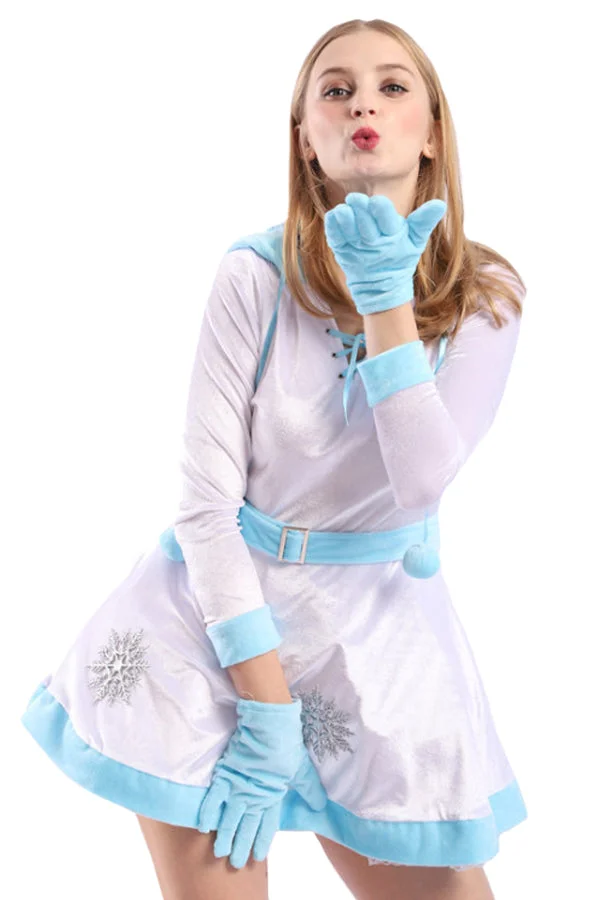 Womens Pretty Hooded Long Sleeve Snowman Christmas Costume White-elleschic