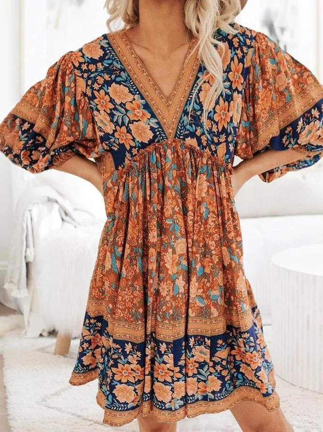 Women's Bohemian V Neck Printed Tribal Short Sleeve Boho Dresses