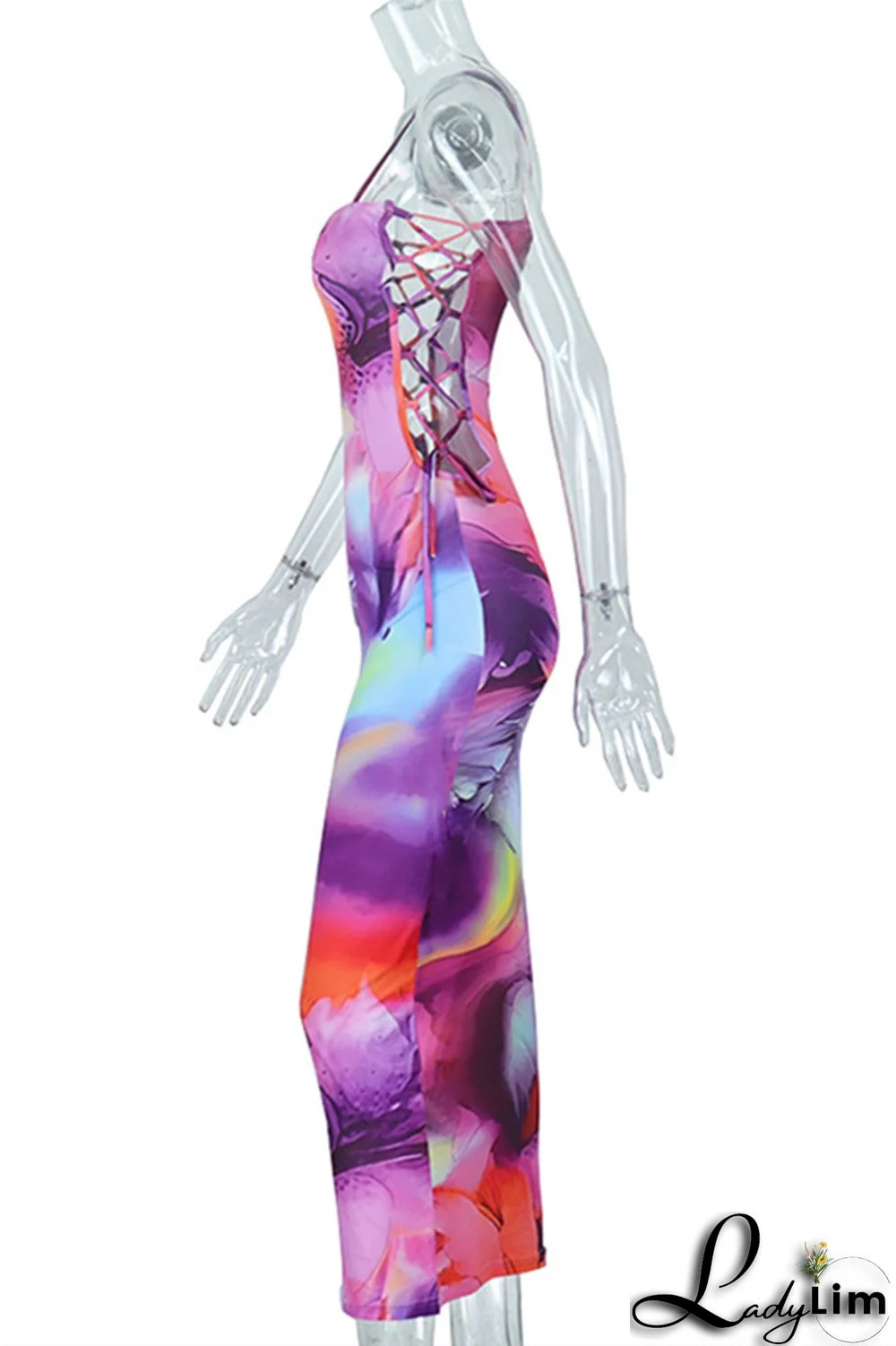 Colour Fashion Sexy Print Bandage Backless Spaghetti Strap Long Dress Dresses