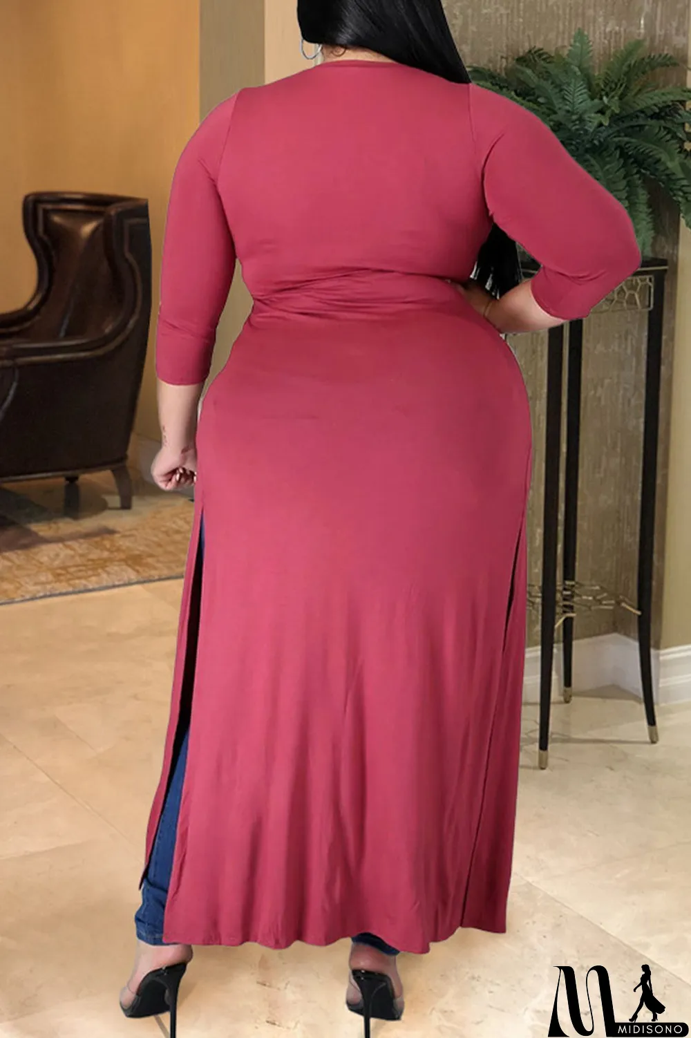 MidiSono - Army Green Sexy Solid Hollowed Out Slit O Neck Plus Size