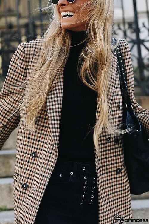 Plaid Button Long Sleeve Blazer