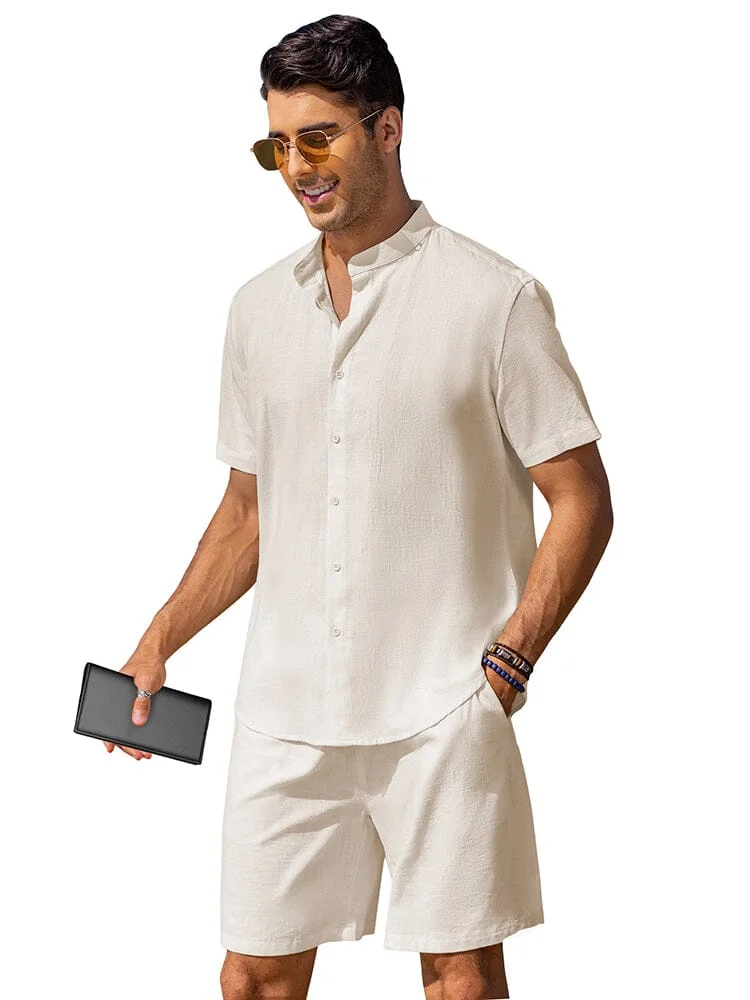 Casual Cotton Linen Stand Collar Shirt Set
