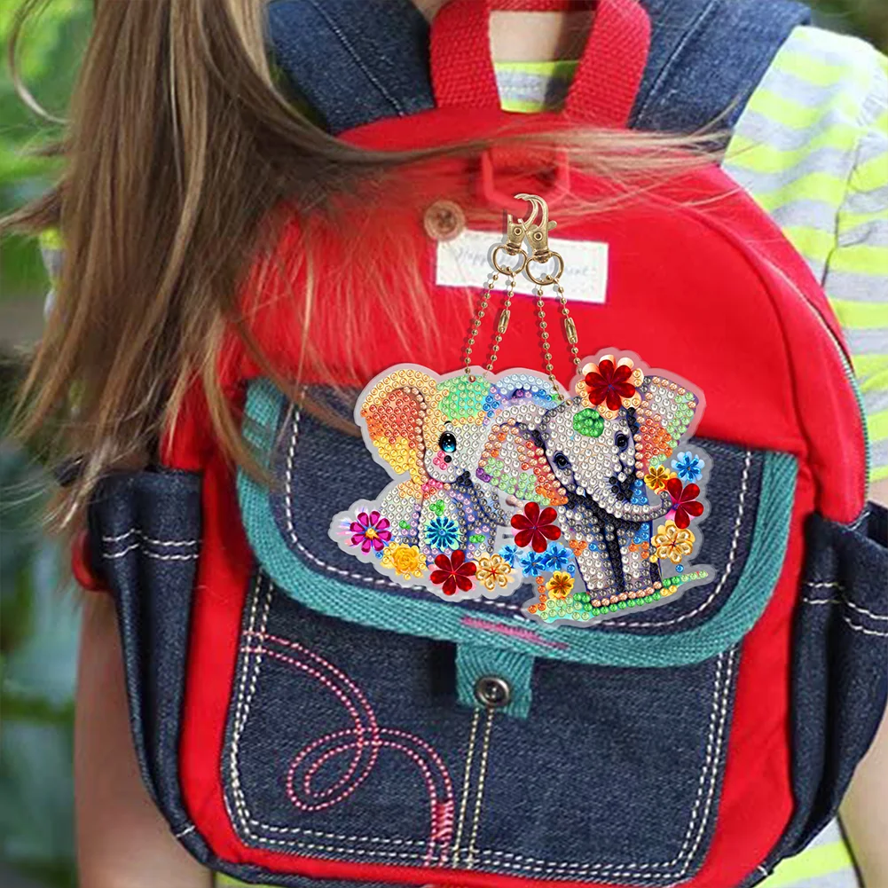 5pcs DIY Cartoon Elephant Diamond Key Rings for Beginners Kids Adults(Double Sided)