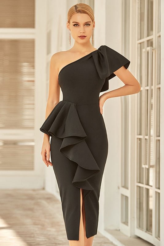 Elegant Black One Shoulder Evening Party Bandage Dress - Chicaggo