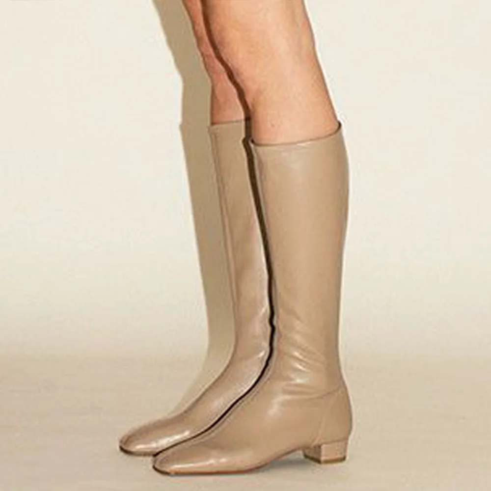Beige  Closed Toe Knee High Winter Boots With Chunky Heels Nicepairs