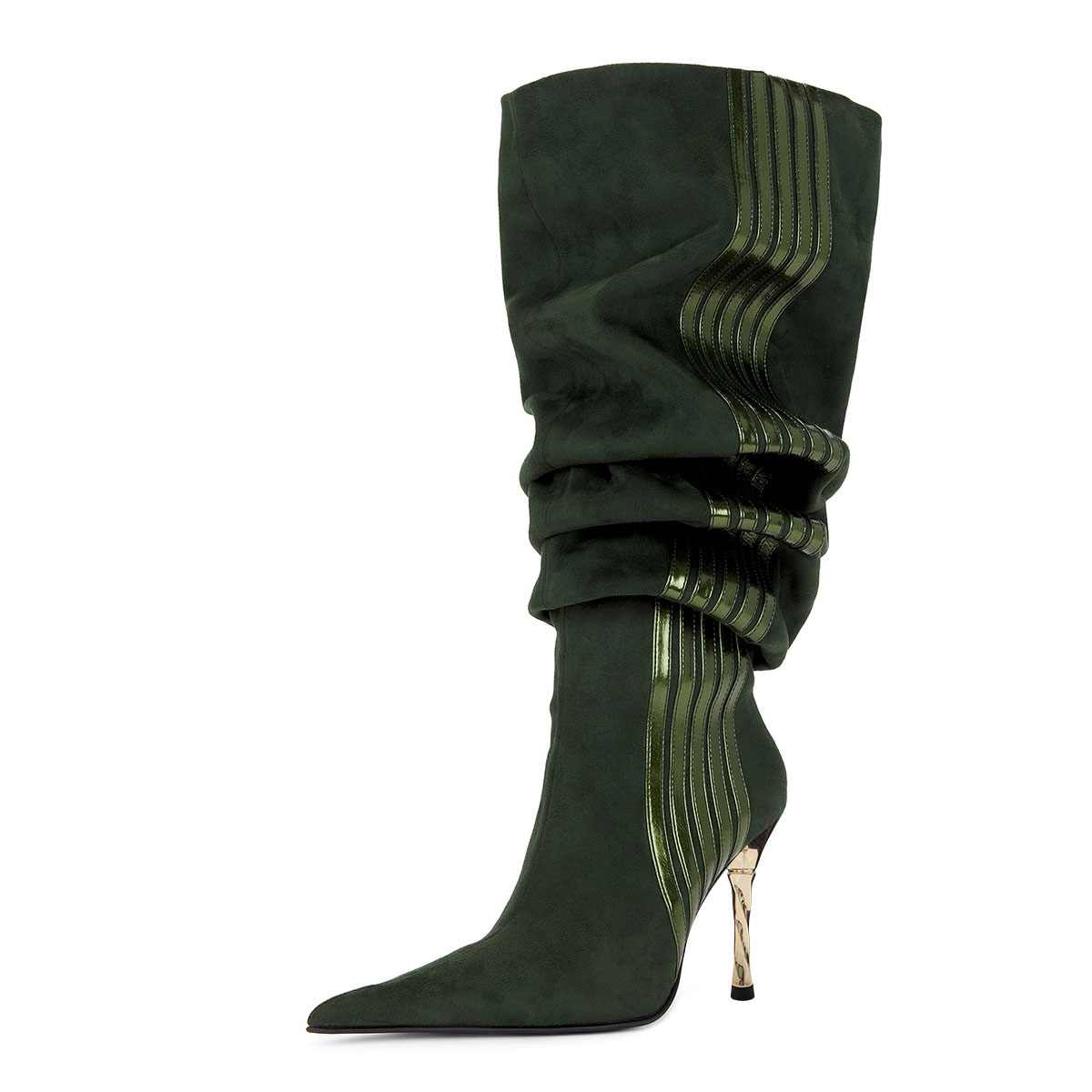 Deep Green Stripes Pointed Toe Stiletto Heel Slouch Boots for Women Nicepairs