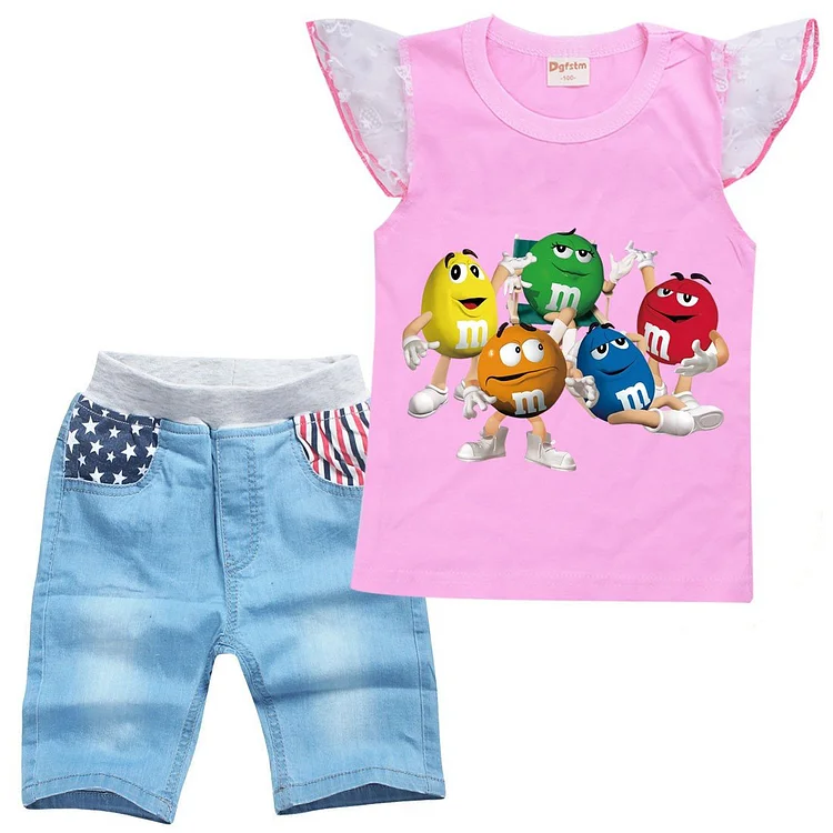 Rainbow Chocolate Candy Print Girls Tank Top Lace Denim Shorts Sets-Mayoulove