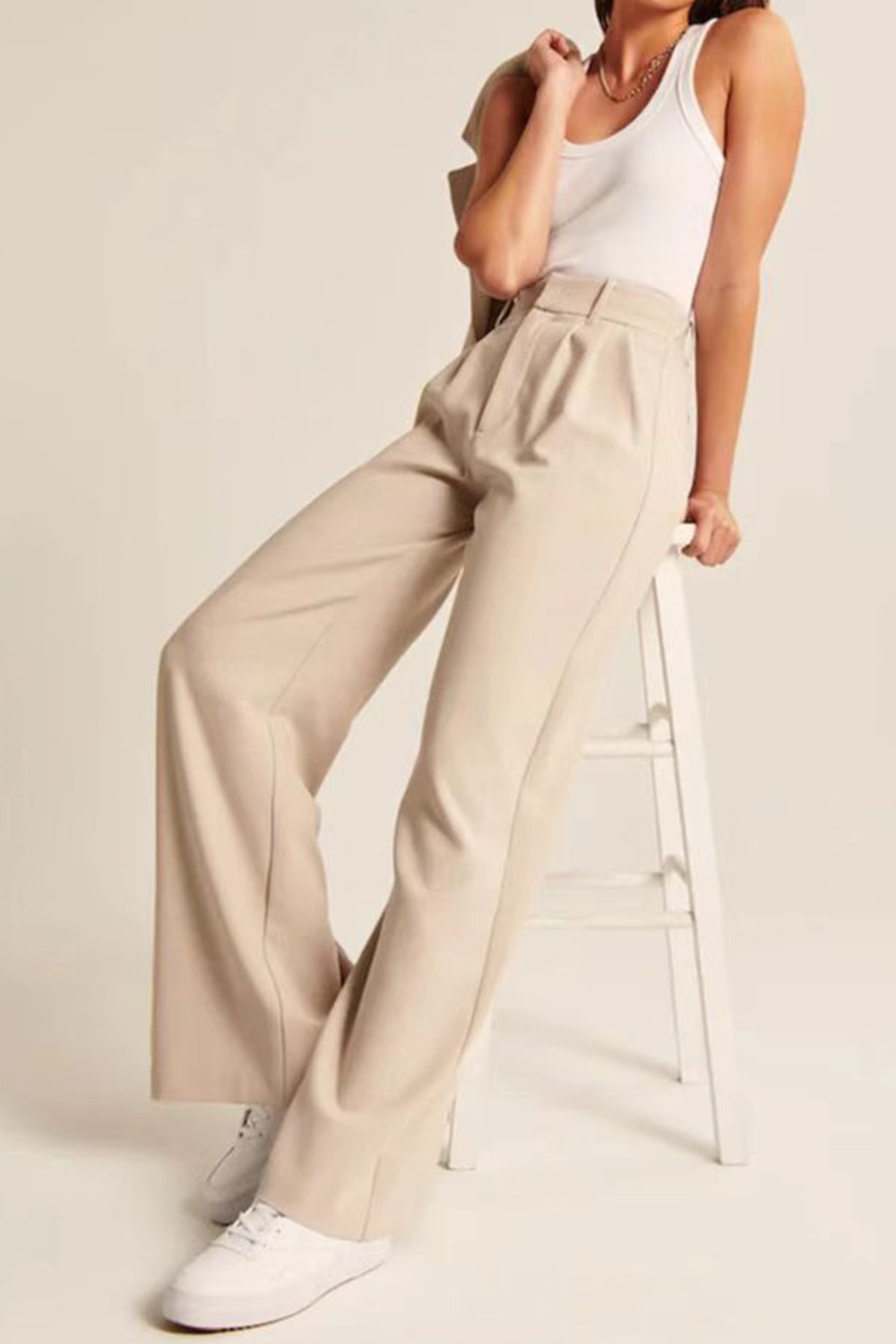 Plus Size Everyday Khaki High Rise Front Pleated Wide Leg Pants 2024 - Flycurvy 