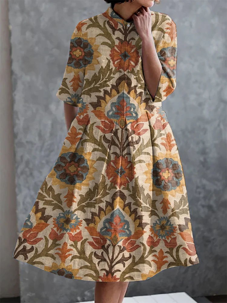 Retro Ethnic Print Casual Elegant Pocket Half Sleeve Dress