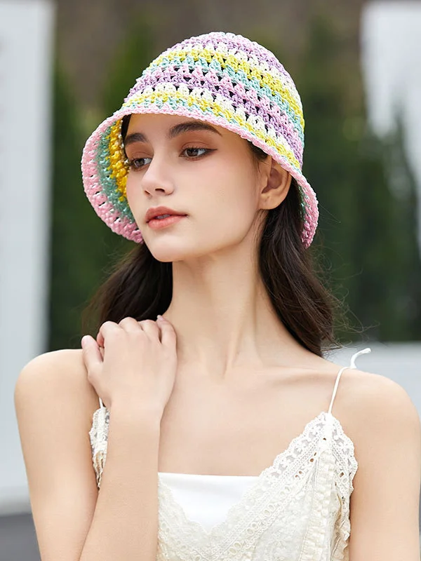 Woven Short Brim Hollow Contrast Color Sun-Protection Hats&Caps Fisherman Hat