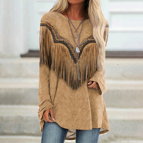  Western Tassels Print Round Neck Long Sleeve Tunic Westsshops