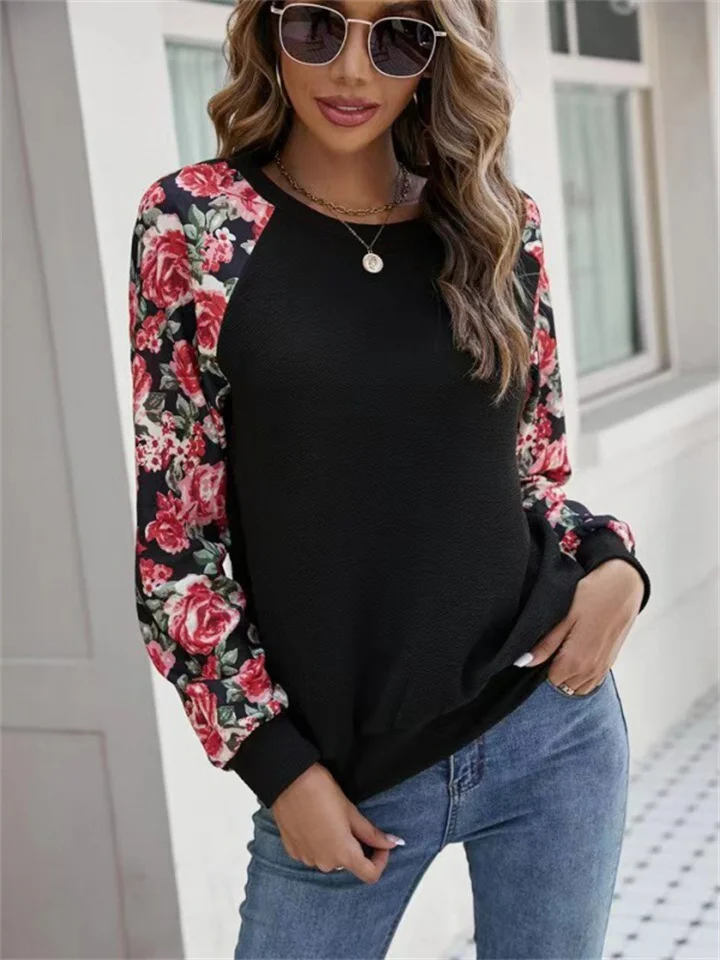 Fall New Printing Splicing Fashion Versatile Casual Blouse Round Neck Long-sleeved Temperament Commuter Women's Clothing