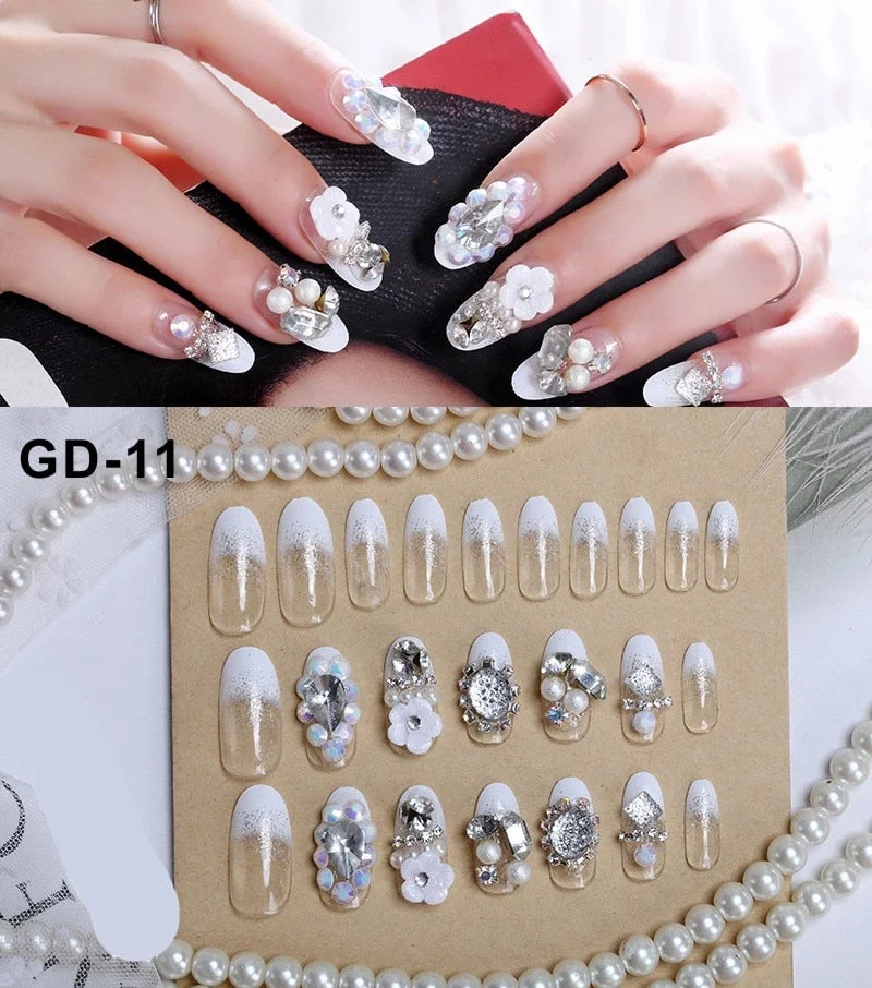 24Pc Rhinestone False Nails Bride Wedding Party Fake Nail Luxury Nail Art Faux Ongles Lady Full Nail Tip Patch with Glue Sticker-Nail Inspo