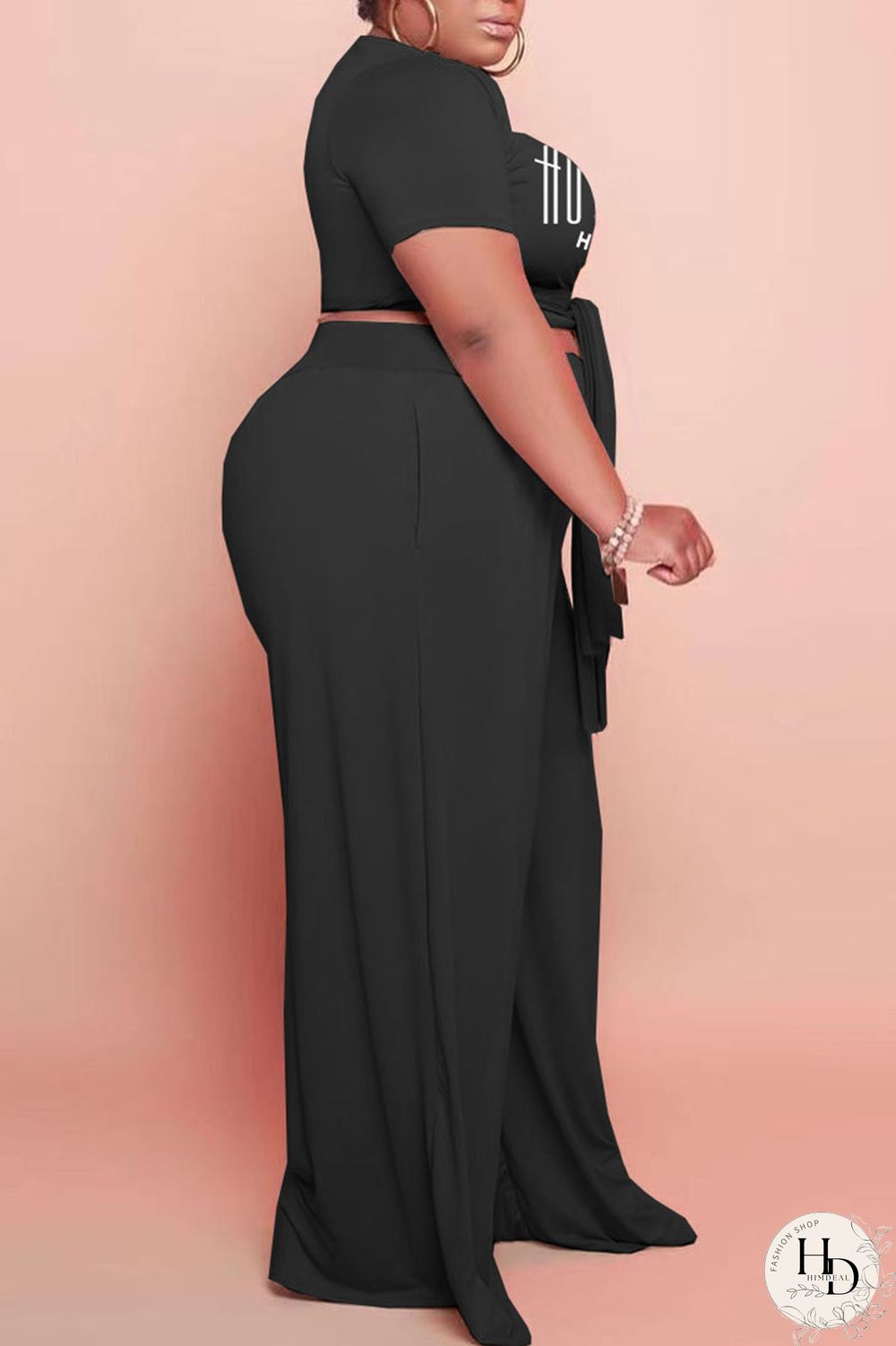 Black Casual Letter Print Bandage Split Joint O Neck Plus Size Two Pieces