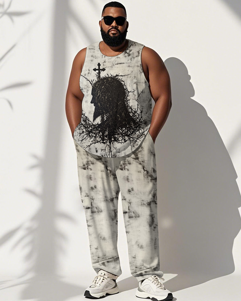 Men's Plus Size Abstract Avatar Cross Texture Print Vest Trousers Suit