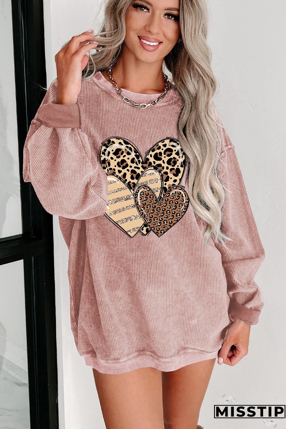 Pink Leopard Heart Shape Corded Loose Fit Sweatshirt