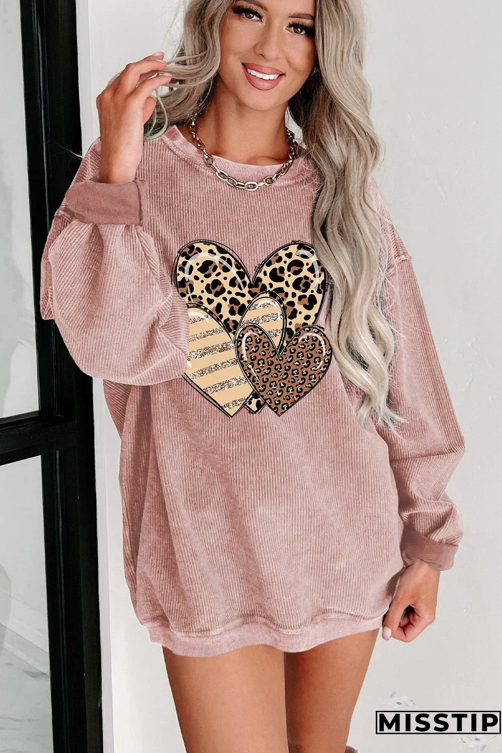 Pink Leopard Heart Shape Corded Loose Fit Sweatshirt