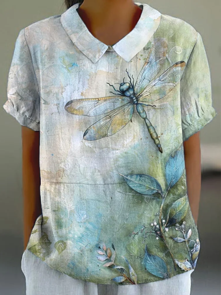 Comstylish Dragonfly Art Print Linen Blend Shirt