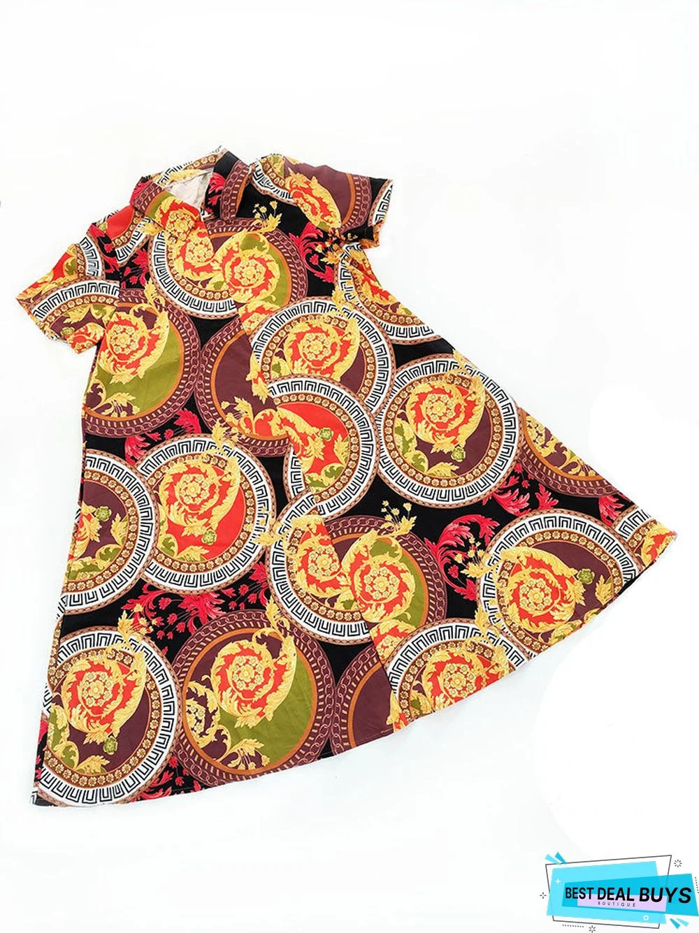 Flowy Plus Size Shirt Collar Short Sleeve Midi Dress