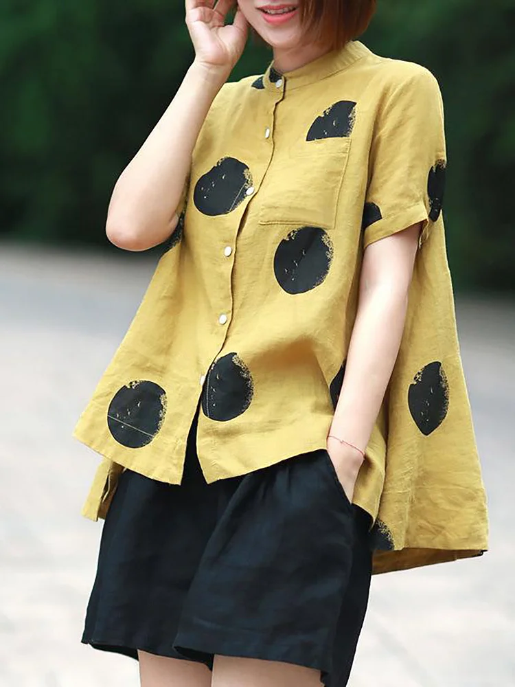 Plus Size - Polka Dot Cotton Linen Stand Collar Shirt