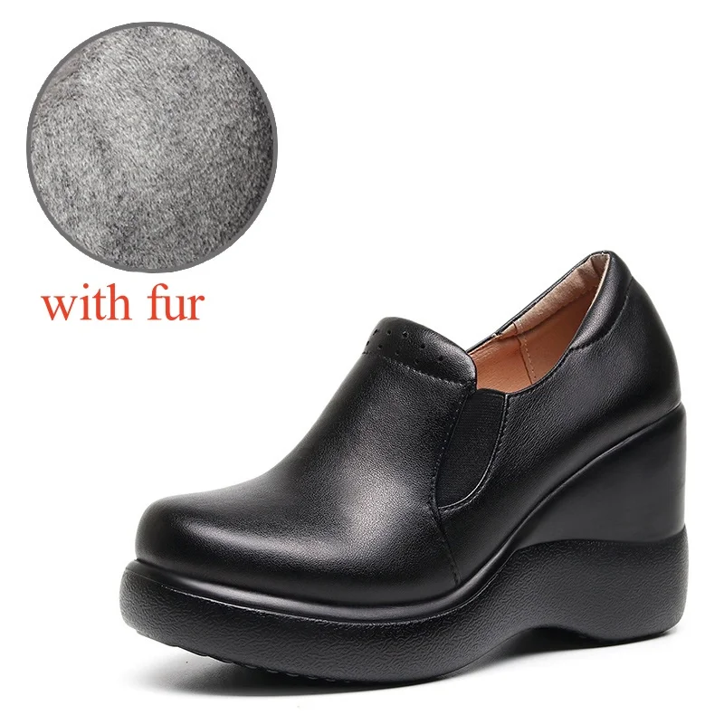 Iplaynox 8cm Big Size 32-43 Soft Leather Loafers Deep Mouth Pumps 2025 Fall Winter High Heels Shoes Wedges Platform with Fur Office Mom