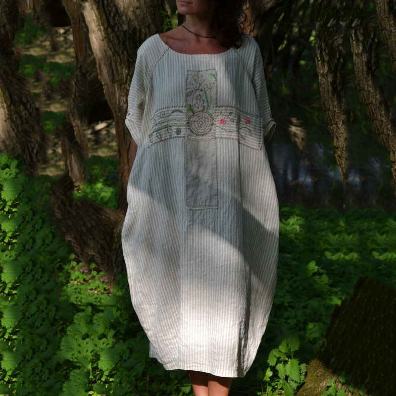 Comstylish Floral Cross Embroidery Art Loose Cotton Linen Maxi Dress