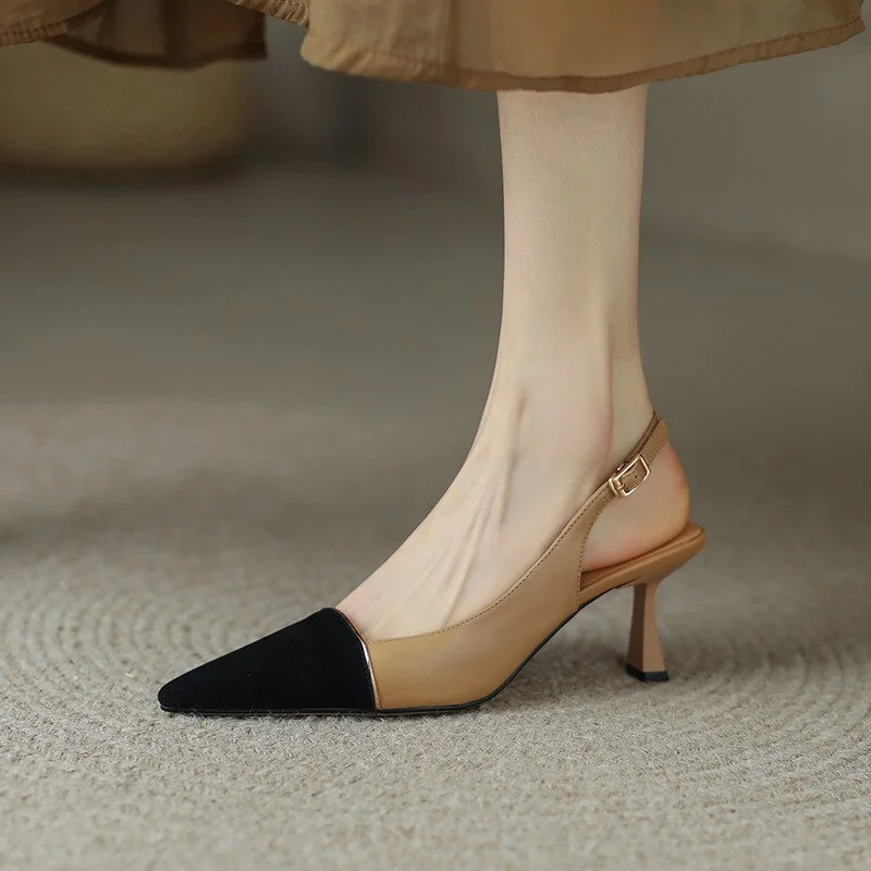 Lourdasprec French Pointed Female Pumps High-heeled Elegant Slingback Banquet Women's Shoes Color Matching One Line Buckle Ladies Sandals