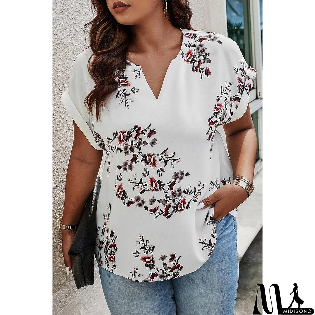 MidiSono - Plus Size Floral Print V Neck Loose Blouse