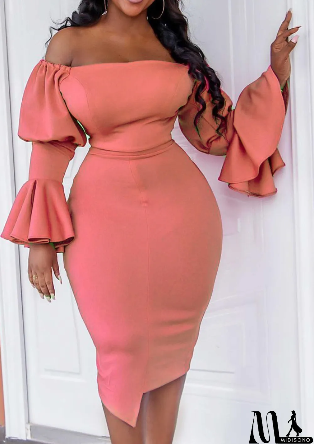 MidiSono - Spring Plus Size Sexy Peach Off Shoulder Ruffles Long Sleeve Midi Dress