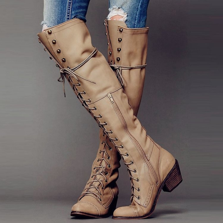 Khaki Lace up Boots Knee High Chunky Heel Fashion Boots |FSJ Shoes