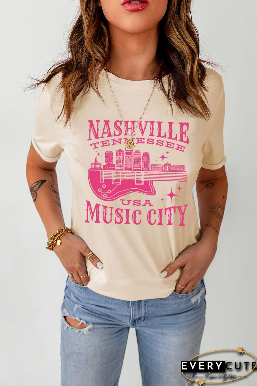 Khaki Nashville Music City Graphic Print Short Sleeve T Shirt