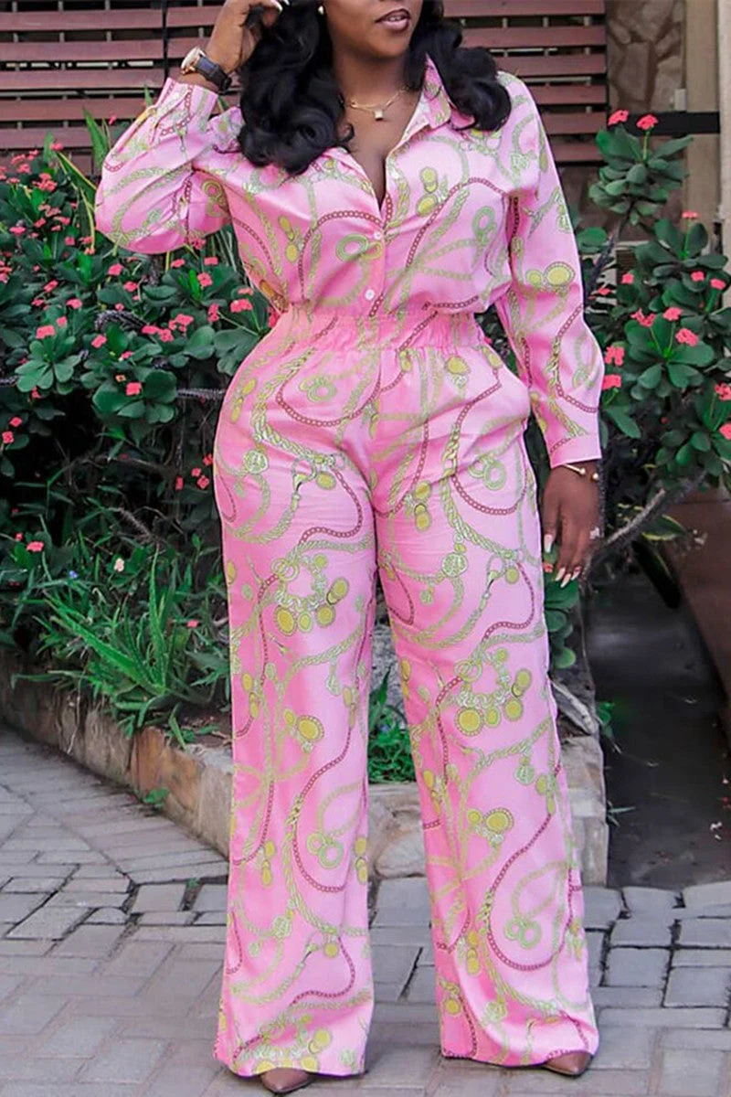 Fashion Casual Print Basic Turndown Collar Regular Jumpsuits