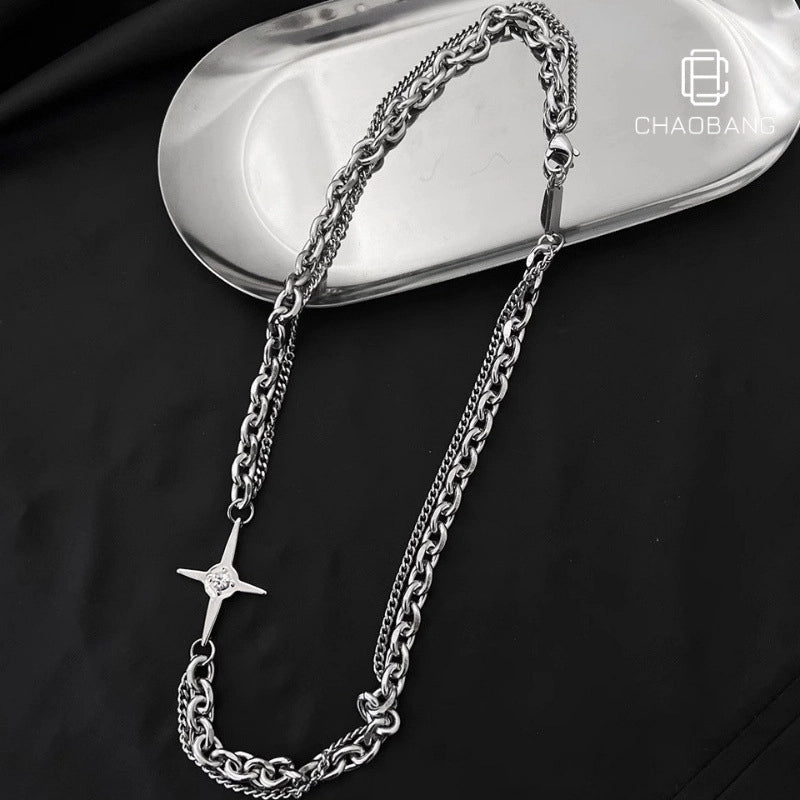 Hip-Hop Punk Geometric Alloy Men's Double Layer Necklaces Men Chain Necklaces