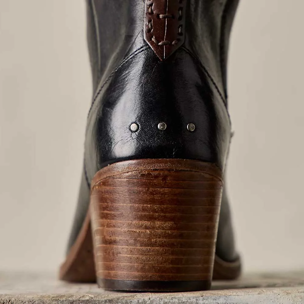 Black Square Toe Studded Mid Block Heel Long Boots for Women
