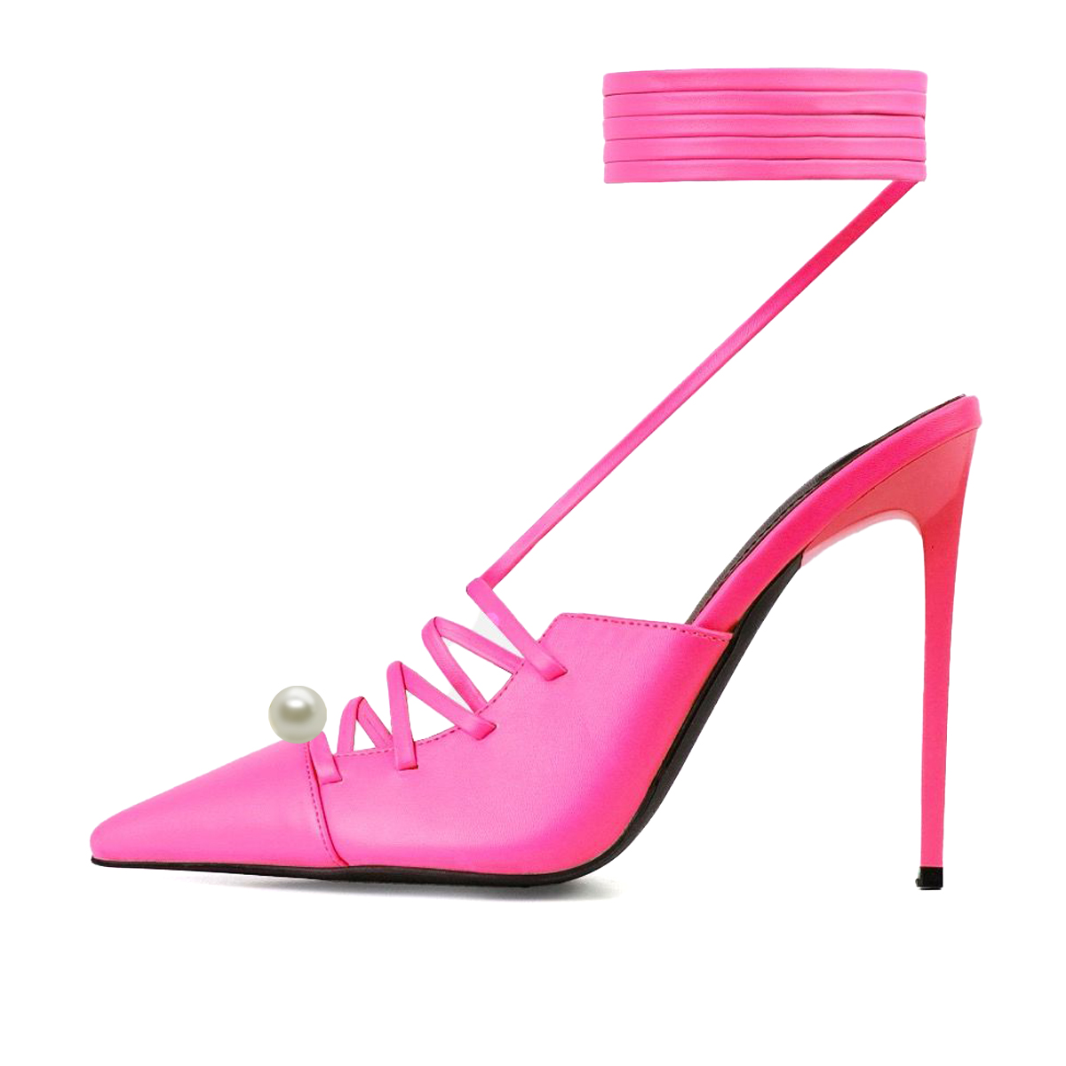 Hot Pink Pointed Toe Lace Up Stiletto Heels with Pearl Accent Nicepairs