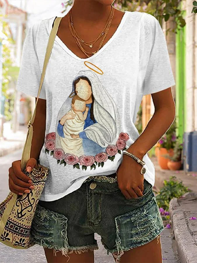 Women's Mary and Jesus Print V-Neck T-Shirt socialshop