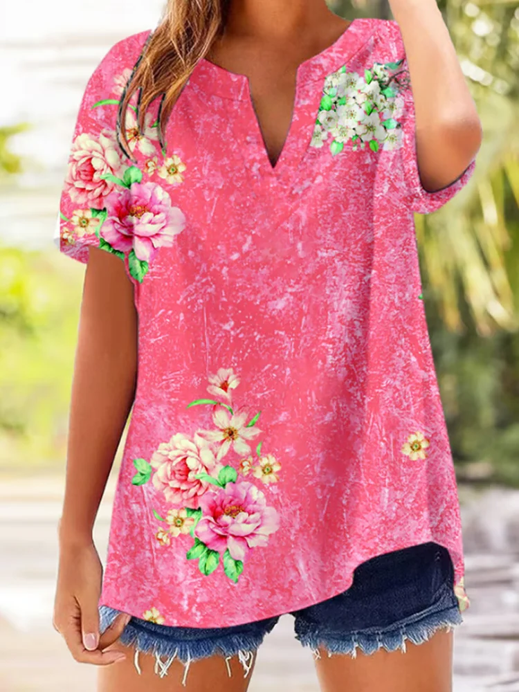 Women's Casual Breast Cancer Awareness Floral Print Cotton And Linen T-shirt
