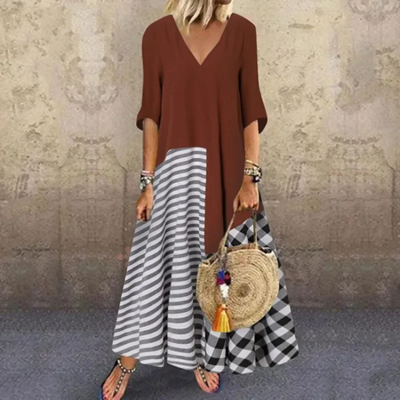 Summer Women's Fashionable V-neck Plaid Printed Short Sleeved Loose Fitting Dress Casual Plus Size Loose Fitting Dress