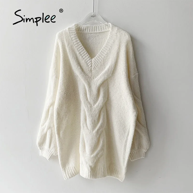 Simplee High street v-neck lantern sleeves knitted dress women Casual loose sweater dresses Female solid winter mini vestidos