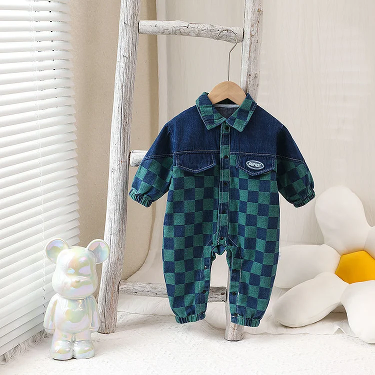 Baby Boy Plaid Polo Collar Button Up Long Sleeve Romper