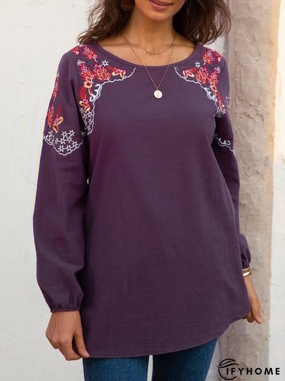 Gray Long Sleeve Cotton-Blend Crew Neck Plain Tunic T-Shirt | IFYHOME
