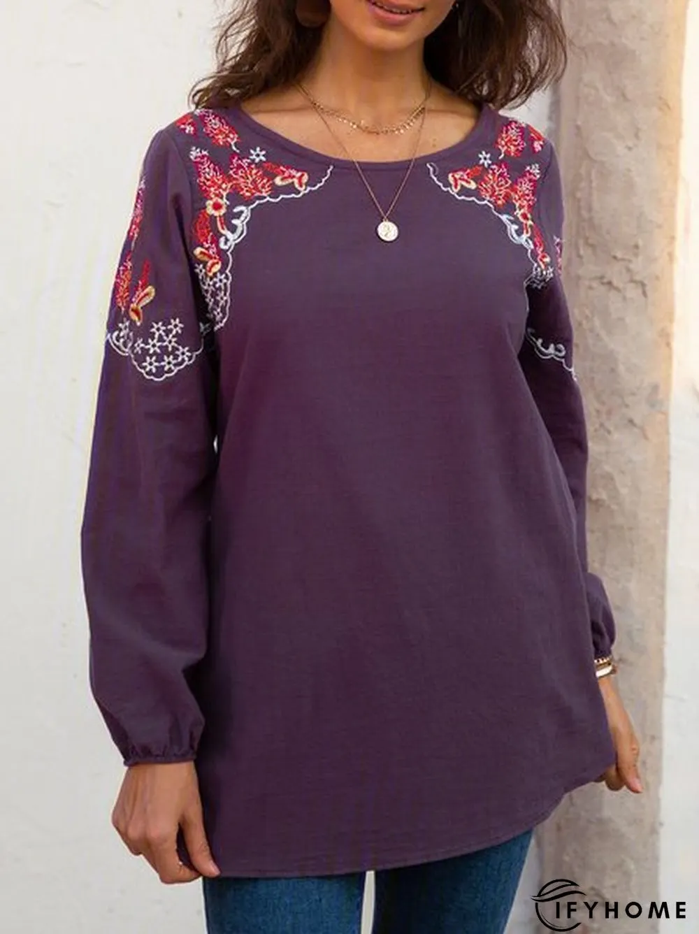 Gray Long Sleeve Cotton-Blend Crew Neck Plain Tunic T-Shirt | IFYHOME