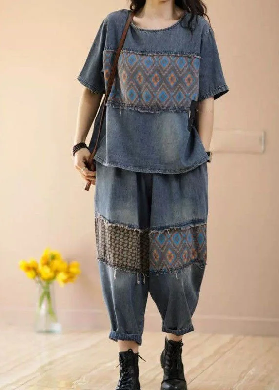 Women Blue O-Neck Patchwork Tops And Pants Denim Two Pieces Set Summer